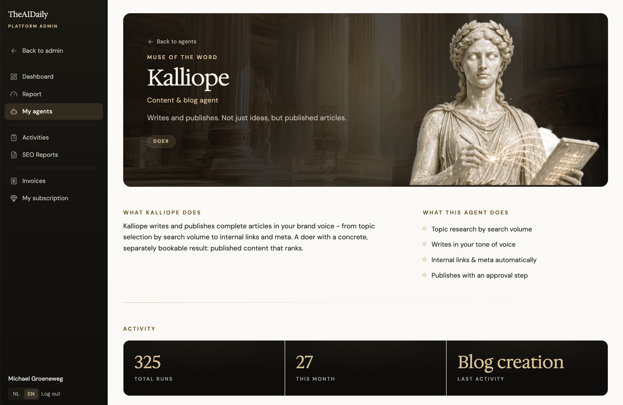 The Pantheon dashboard with live agent status, KPI overview and activity log