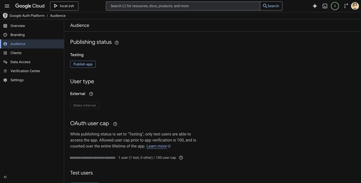 Google Auth Platform audience sectie voor het toevoegen van test users