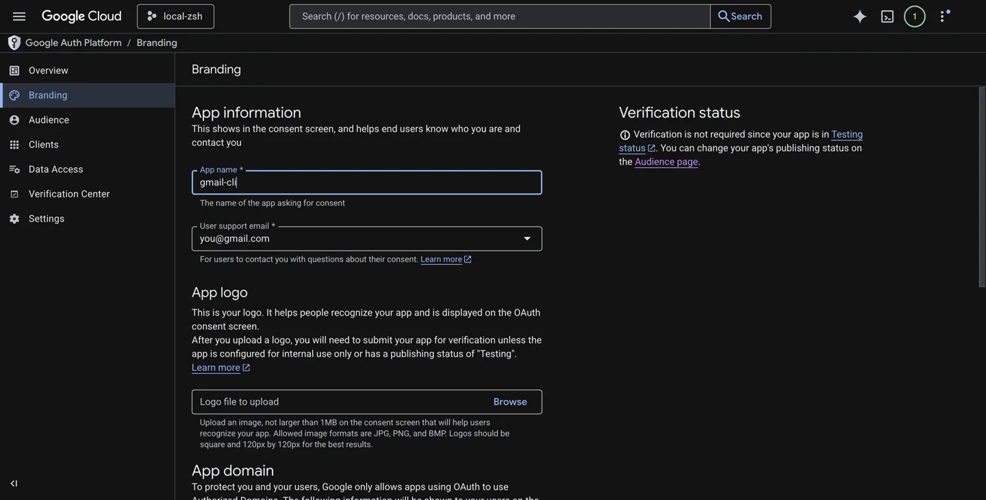 Google Auth Platform branding sectie met invulvelden voor app-naam, support email en developer contact