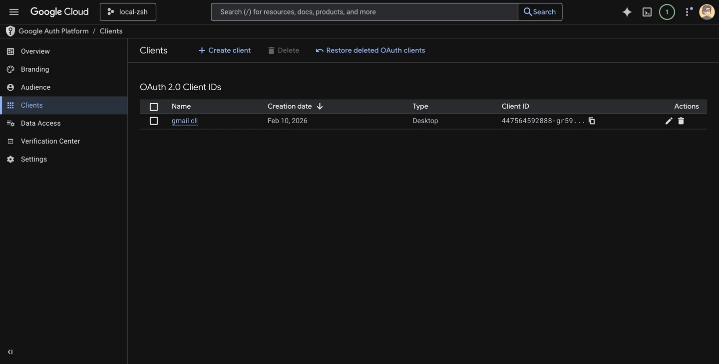 Google Auth Platform clients sectie om een OAuth client desktop app aan te maken