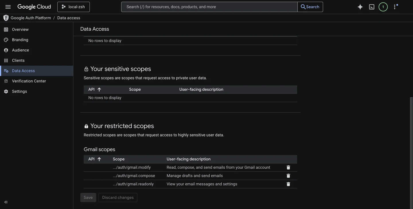 Google Auth Platform data access sectie met gmail API scopes gmail readonly gmail modify en gmail send