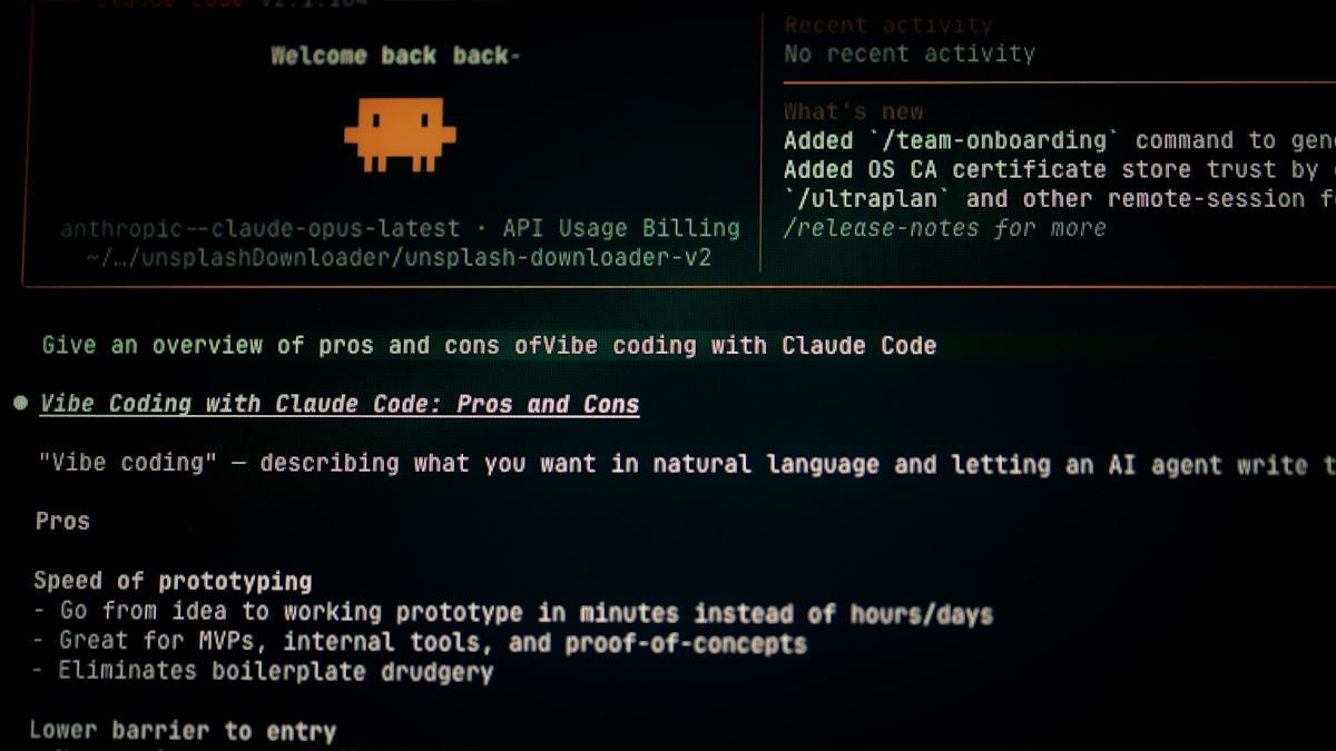 Claude Code terminal op een monitor met Anthropic-referenties, API Usage Billing en een overzicht van voors en tegens van vibe coding met Claude Code