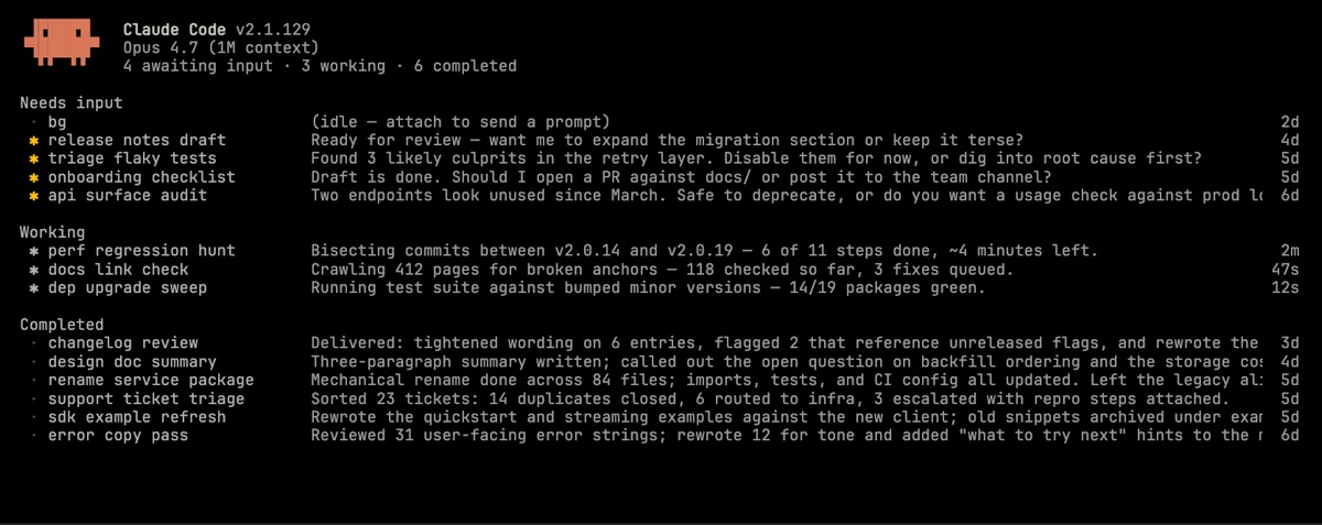 Agent View in Claude Code toont alle sessies gegroepeerd op status