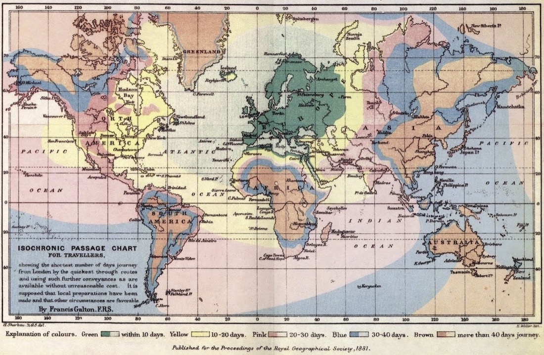 De originele isochronenkaart uit 1881 met reistijden vanuit Londen