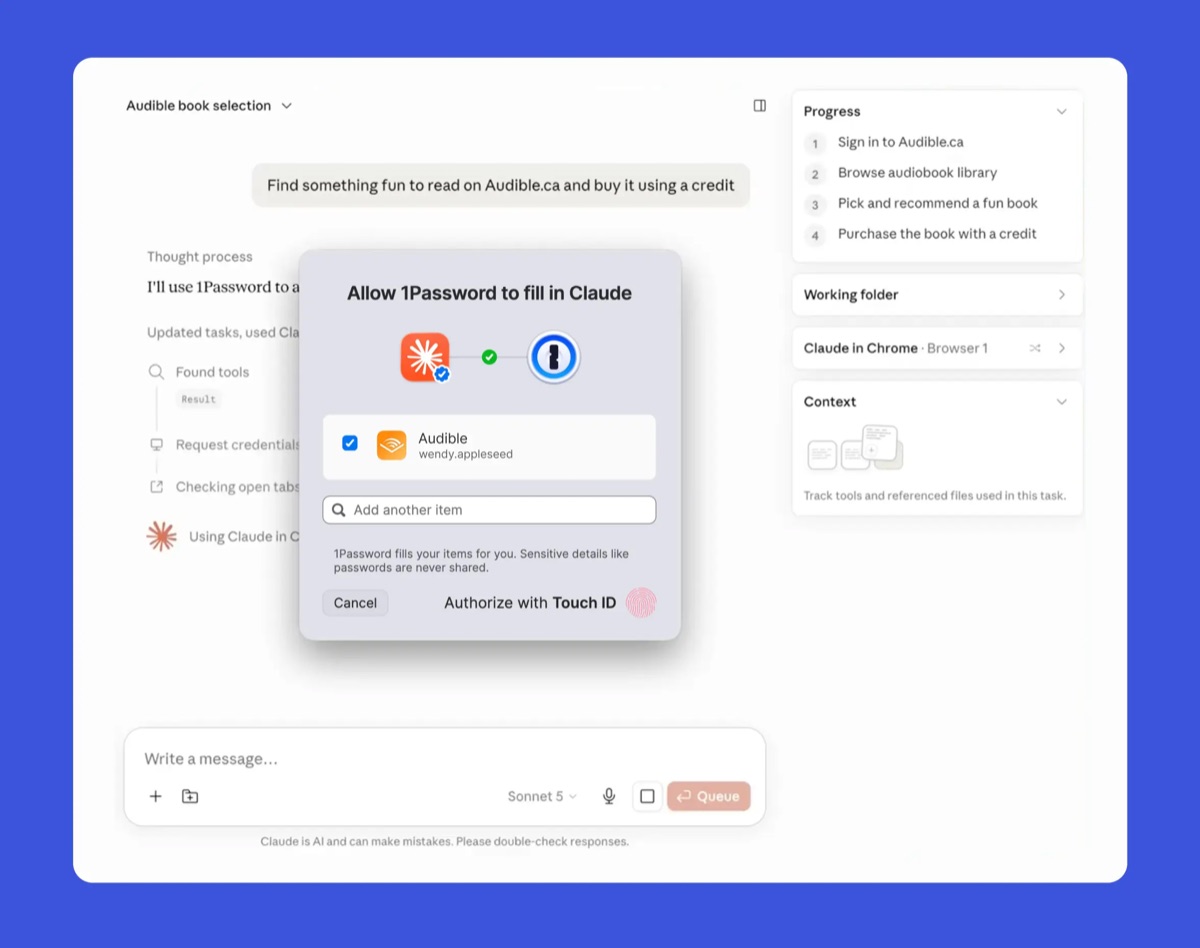 Goedkeuringsvenster van 1Password in Claude Cowork met de tekst Allow 1Password to fill in Claude en een Touch ID-knop