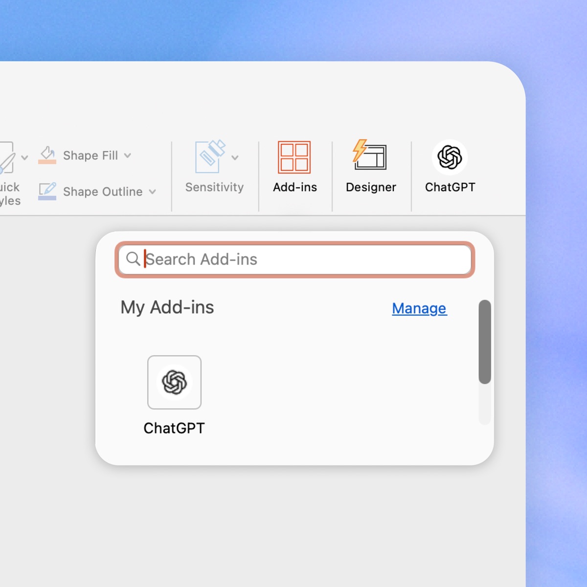 Het Add-ins-menu in PowerPoint met de ChatGPT-add-in geïnstalleerd