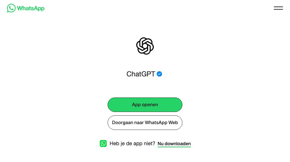 Het geverifieerde ChatGPT-contact op de officiële WhatsApp-koppelpagina, met blauw vinkje