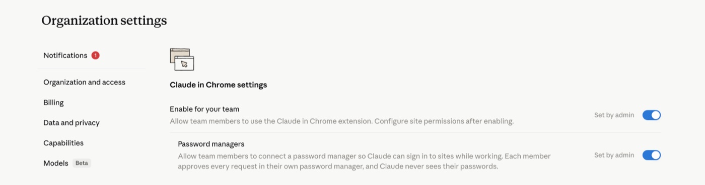 Organisatie-instellingen in Claude met de schakelaars Enable for your team en Password managers