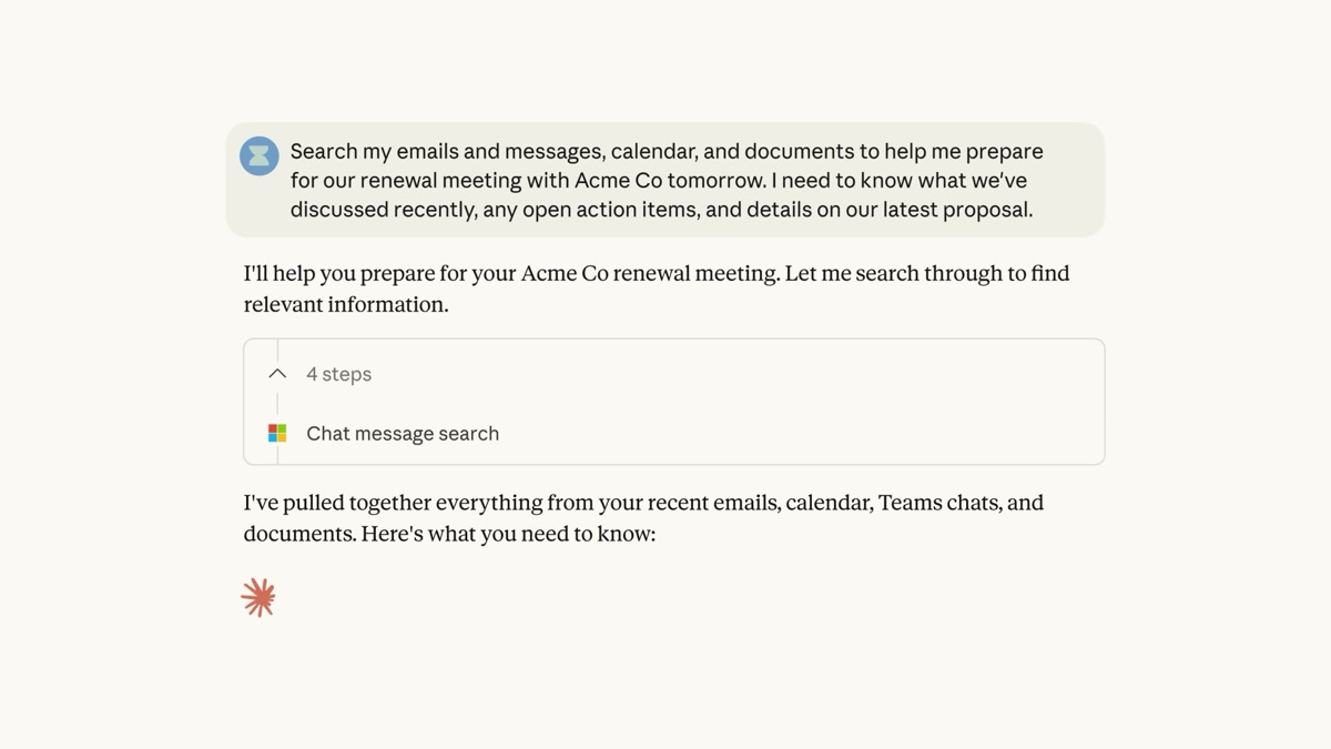 Claude doorzoekt Outlook-mail, agenda en documenten via de Microsoft 365-connector in de Claude-interface