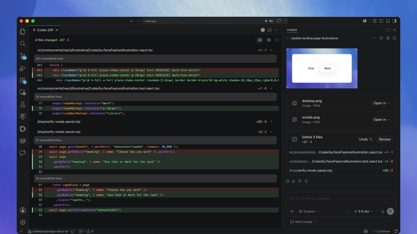 De Codex-interface in de IDE met een diff-review en rechtsonder de modelkiezer op GPT-5.6 Sol