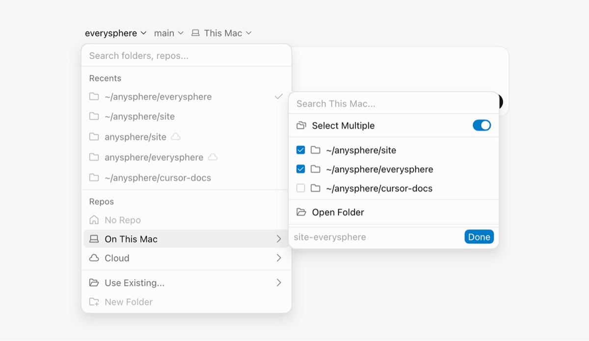 De vernieuwde project-picker in Cursor 3.11 met multi-select en locatiefilters