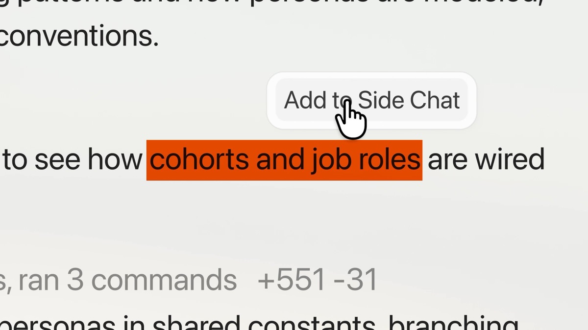 De Add to Side Chat-knop verschijnt wanneer je tekst selecteert in de agent-output van Cursor