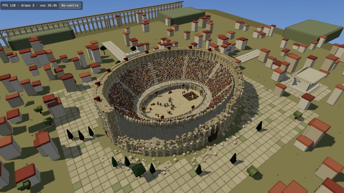Voxel-arena met duizenden toeschouwers, door Kimi K3 gegenereerd als browsergame op 120 fps