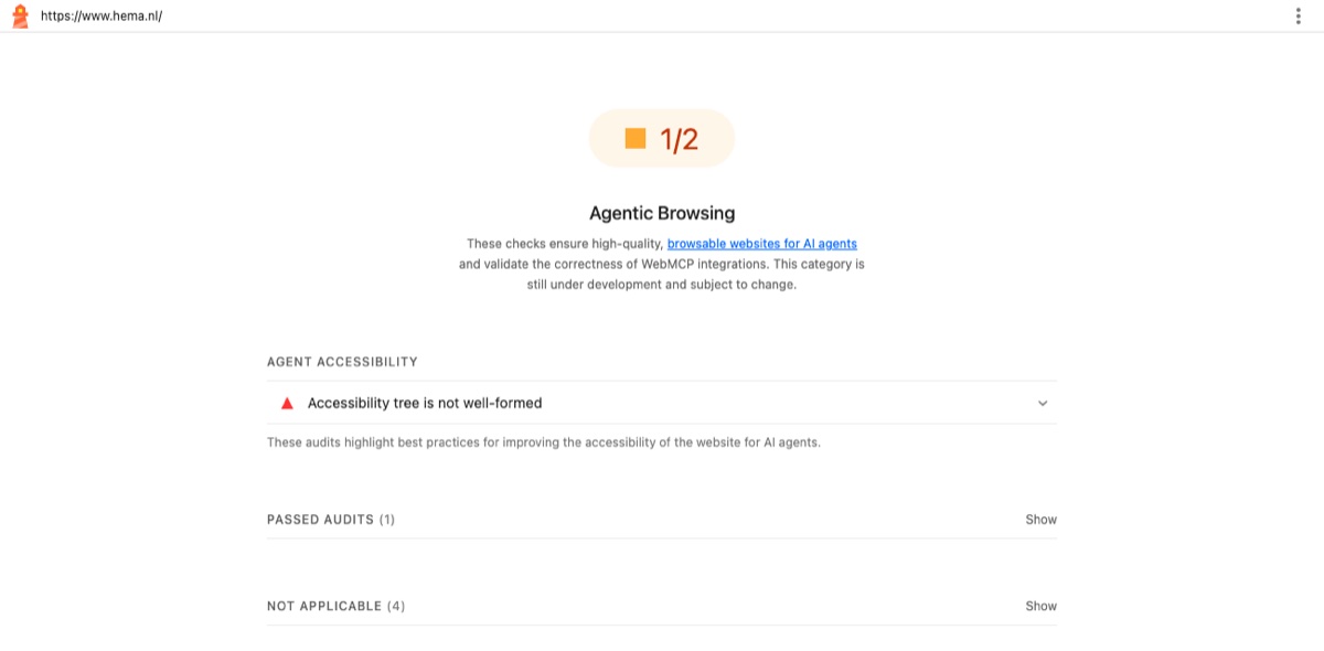 Lighthouse-rapport met de categorie Agentic Browsing en de score 1 op 2 voor hema.nl