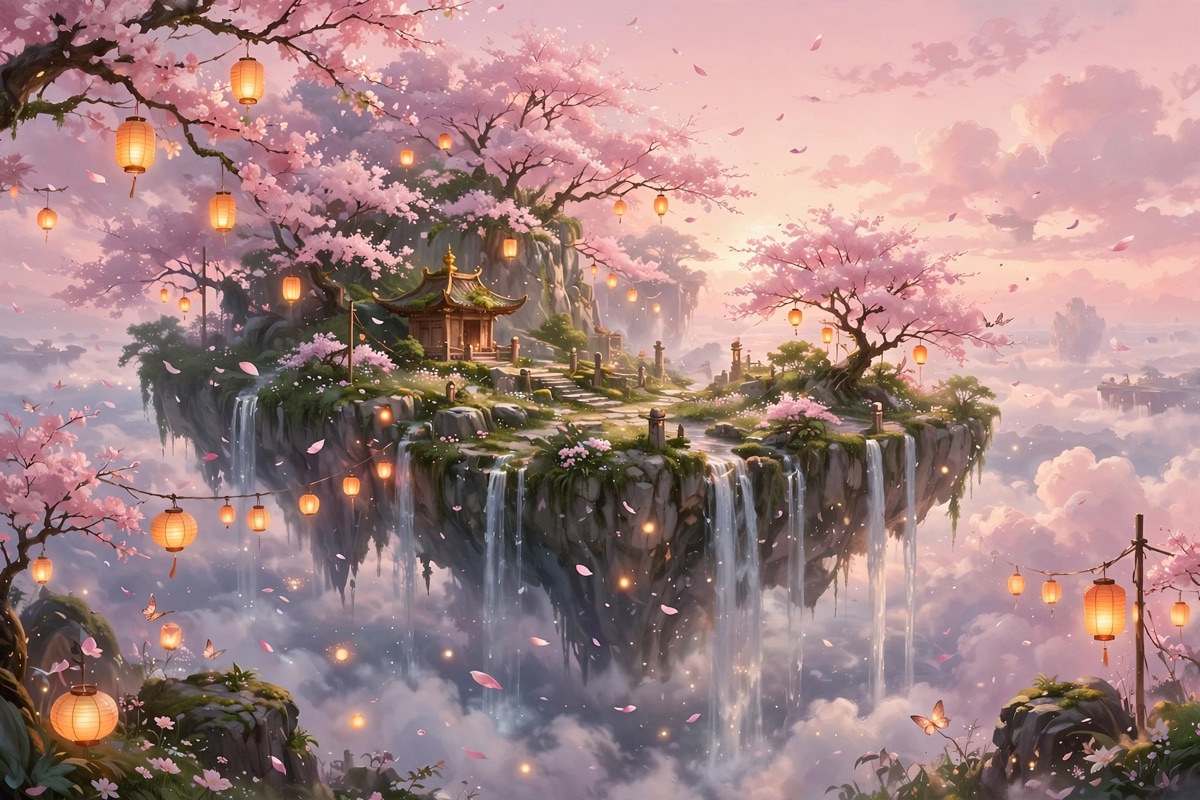 Voorbeeldbeeld gegenereerd met Meta Muse Image: fantasielandschap met zwevend eiland, kersenbloesem en lampionnen
