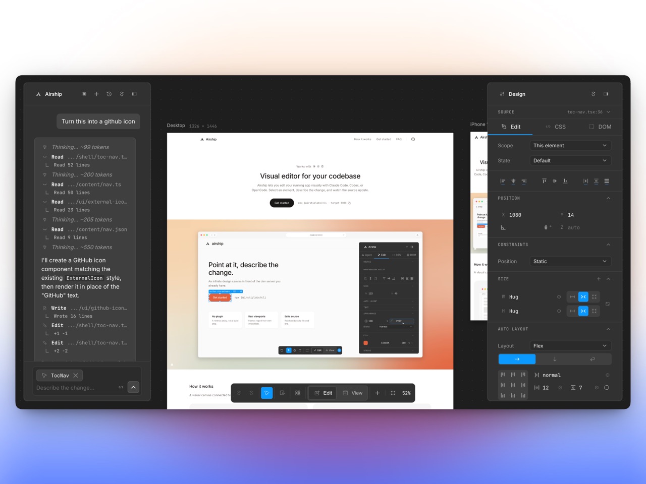 Airship midden in een bewerking: links de opdracht om er een GitHub-icoon van te maken met de bestanden die de agent leest en wijzigt, rechts de inspector met positie en layout van het geselecteerde element