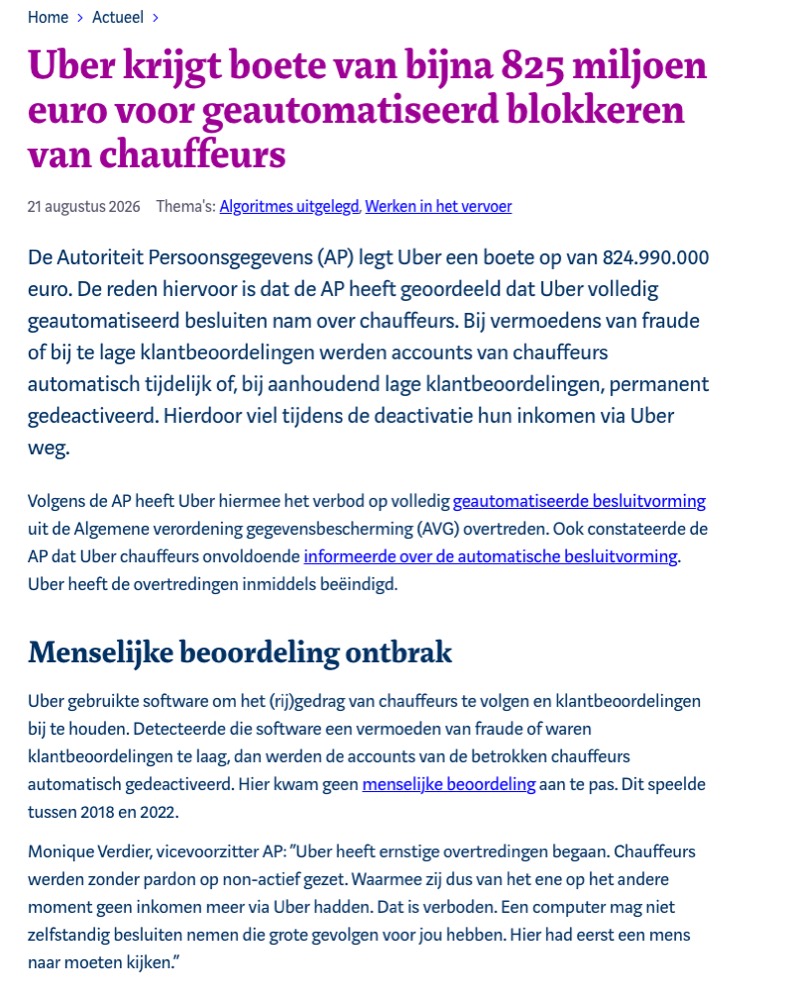 Officiele aankondiging van de Autoriteit Persoonsgegevens over de boete van 824.990.000 euro voor Uber