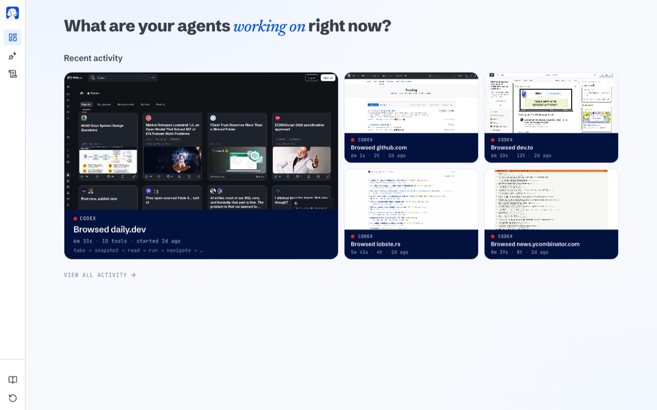 Dashboard van BrowserOS neo met lopende agent-sessies en recente activiteit