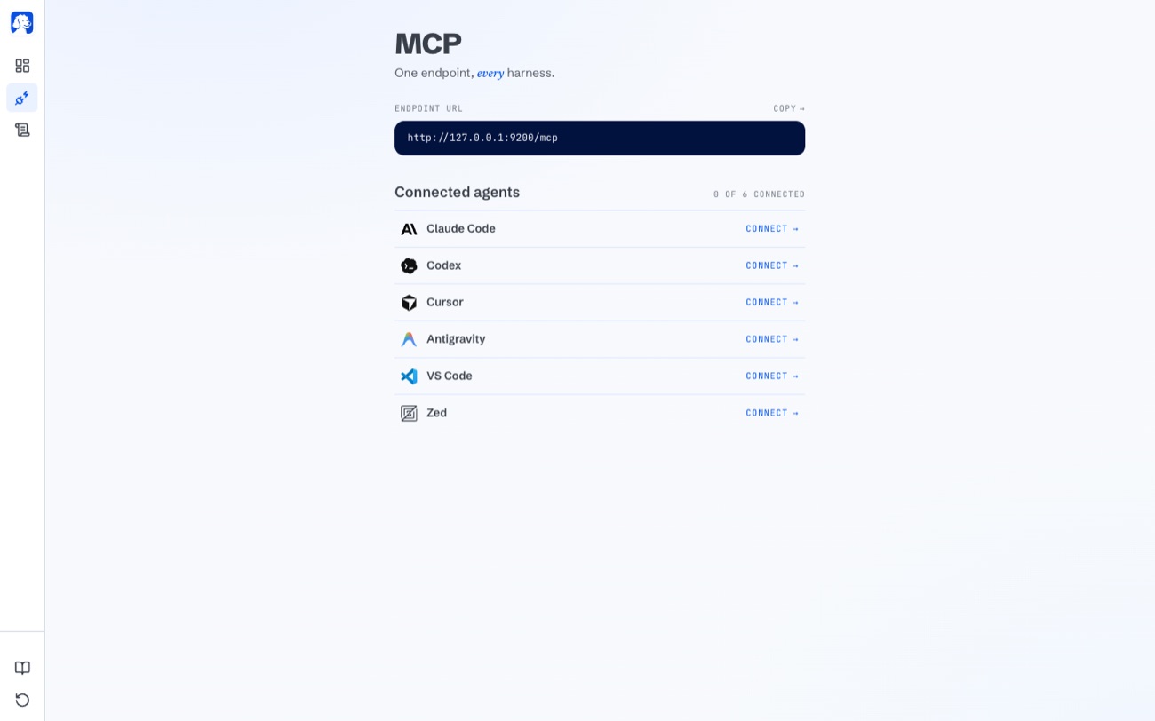 MCP-scherm van BrowserOS neo met het lokale endpoint en verbindknoppen voor Claude Code, Codex, Cursor, Antigravity, VS Code en Zed