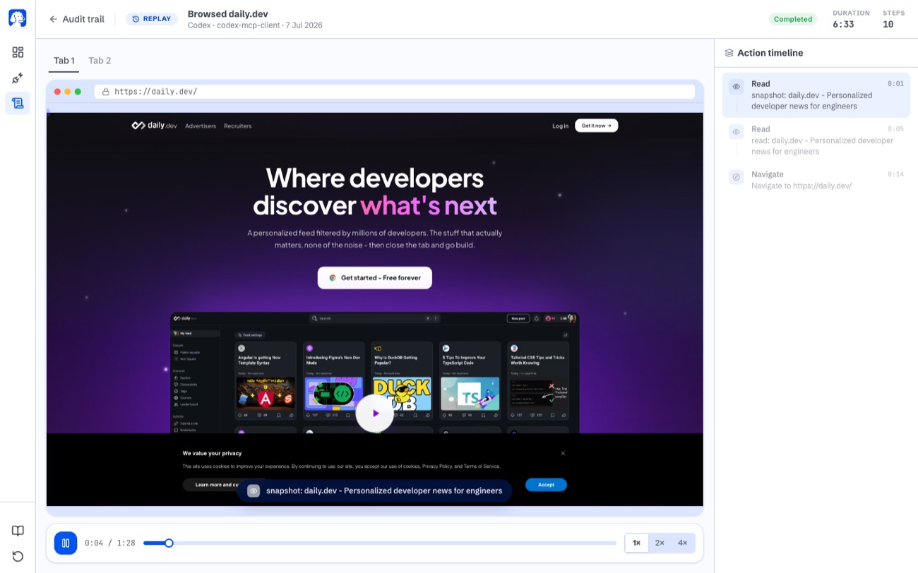 Terugkijkscherm van BrowserOS neo met video-scrubber, duur, aantal stappen en een tijdlijn van agent-acties