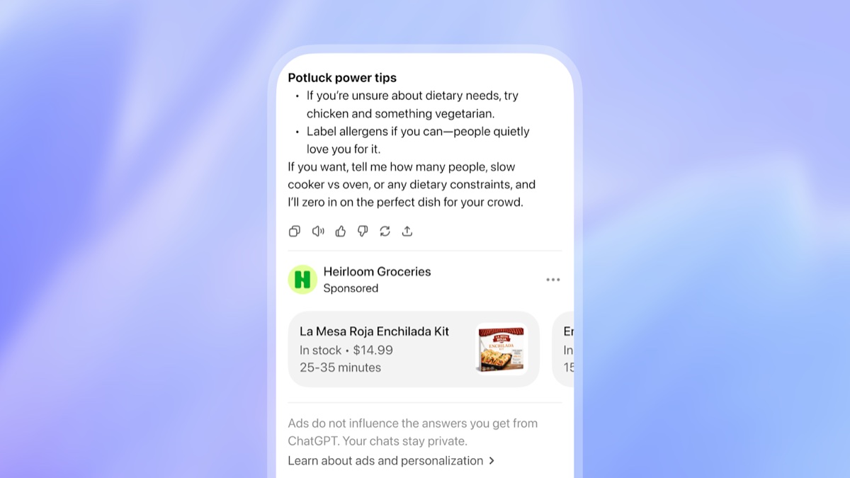 Screenshot van een advertentie in ChatGPT: onder het antwoord staat een blok met het label Sponsored en productkaartjes met prijs en levertijd