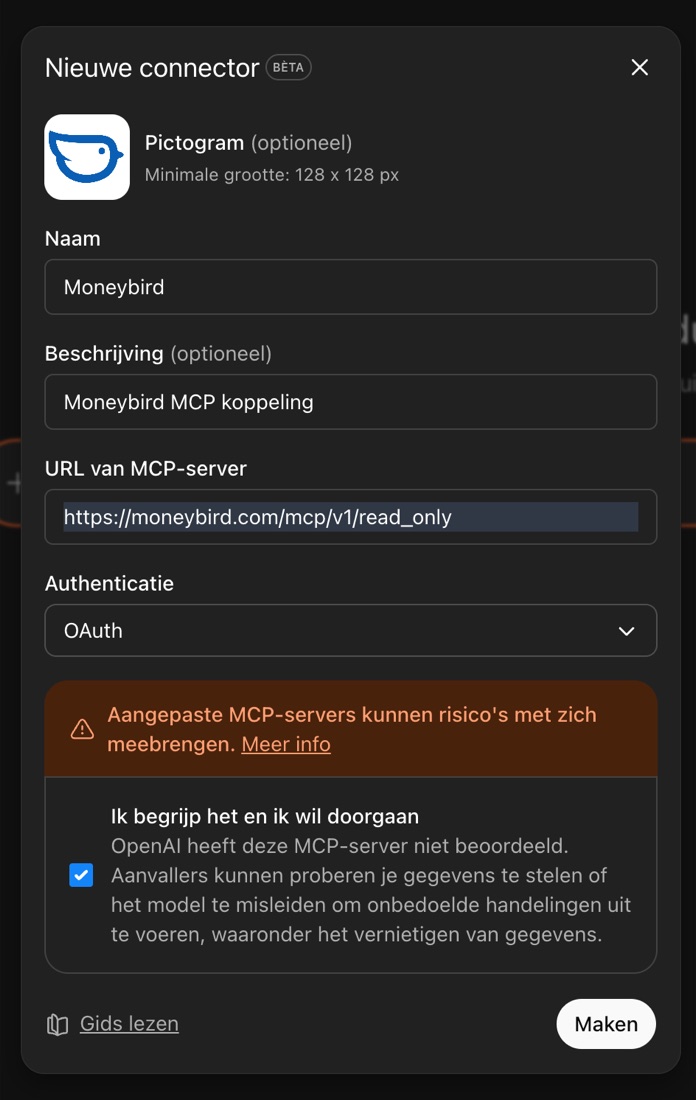 Het scherm Nieuwe connector in ChatGPT met de Moneybird MCP-URL en een rode waarschuwing van OpenAI