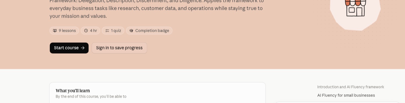 Cursuspagina AI Fluency for Small Businesses met 9 lessen, 4 uur en een completion badge