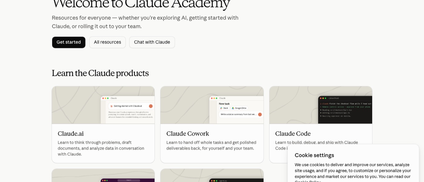 Startpagina van Claude Academy met leerroutes per Claude-product