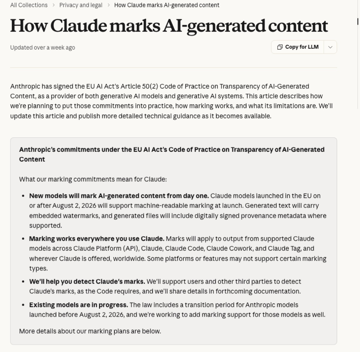 Helppagina van Anthropic met de vier toezeggingen over het markeren van AI-content