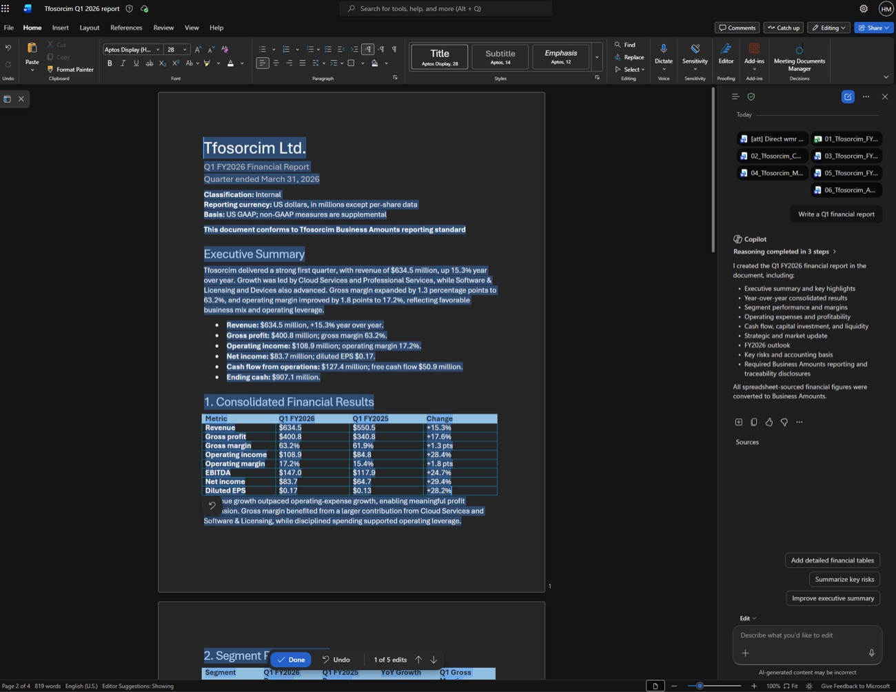 Screenshot van Microsoft Word met het Copilot-paneel, waarin een gegenereerd financieel kwartaalrapport met aangepaste cijfers te zien is