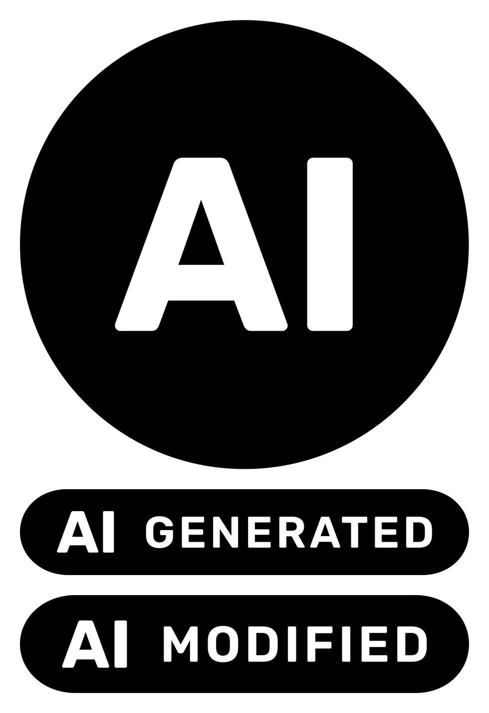 De drie officiele EU-iconen voor het labelen van AI-content: AI, AI GENERATED en AI MODIFIED