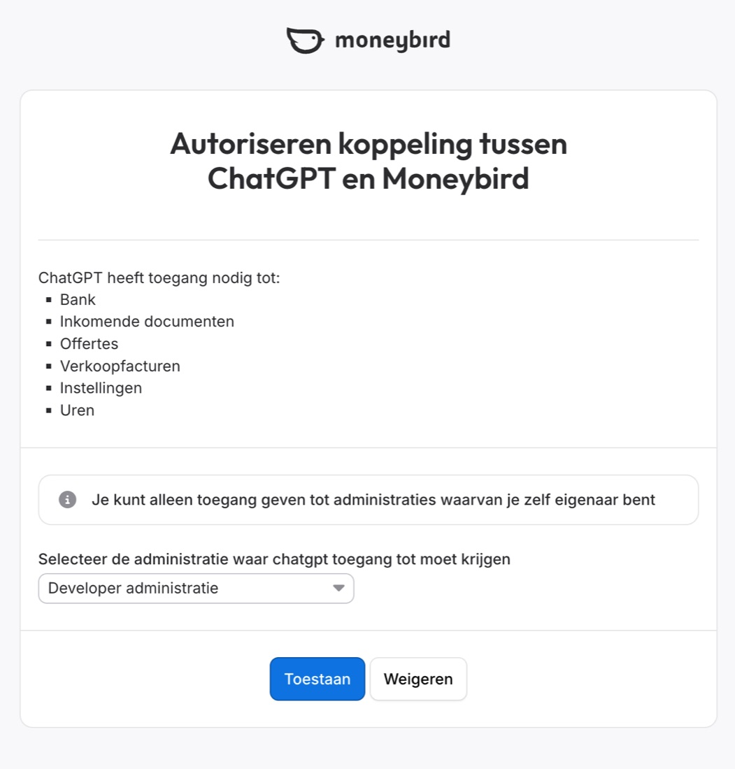 Het autorisatiescherm van Moneybird waarin ChatGPT toegang vraagt tot bank, offertes, verkoopfacturen, instellingen en uren
