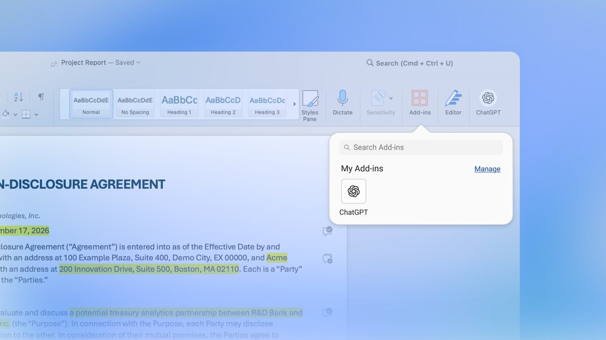 Het menu Invoegtoepassingen in Word met ChatGPT onder Mijn invoegtoepassingen en de ChatGPT-knop in het lint