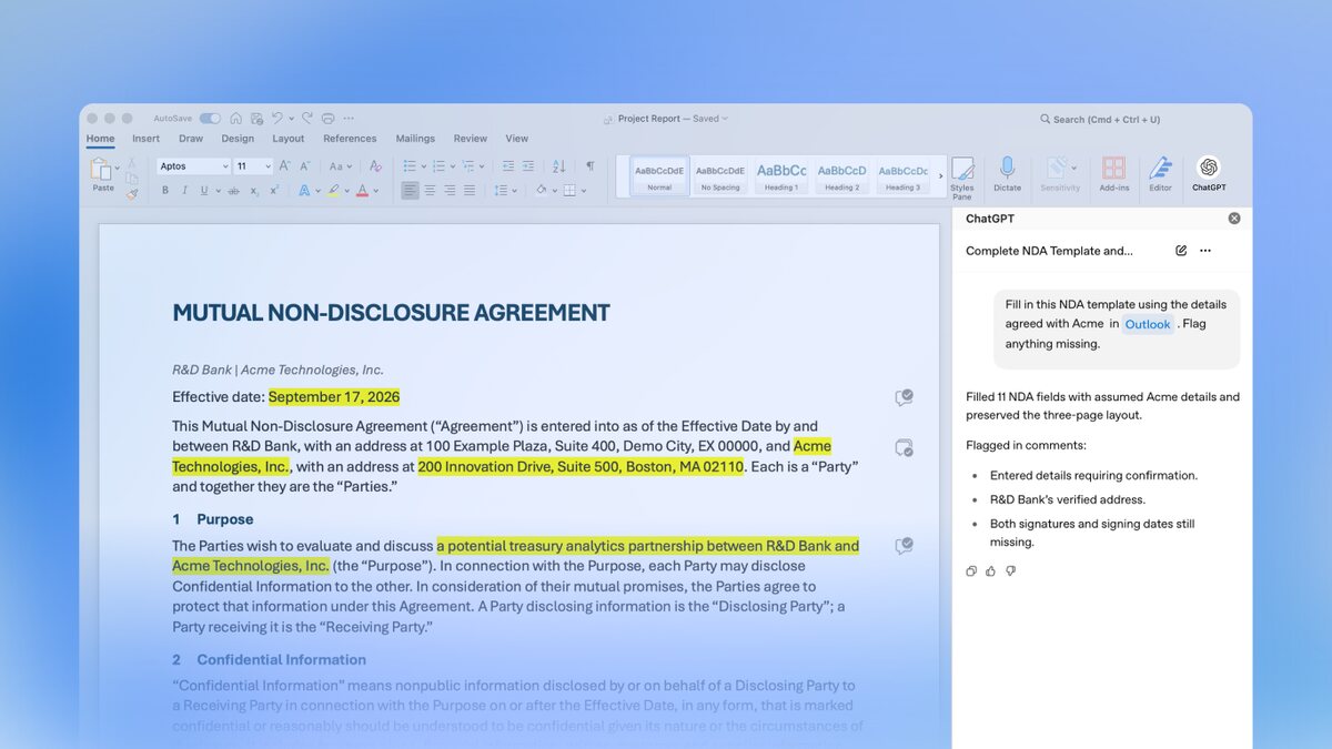 De ChatGPT-zijbalk in Microsoft Word vult een NDA-sjabloon in en markeert de aangepaste velden geel
