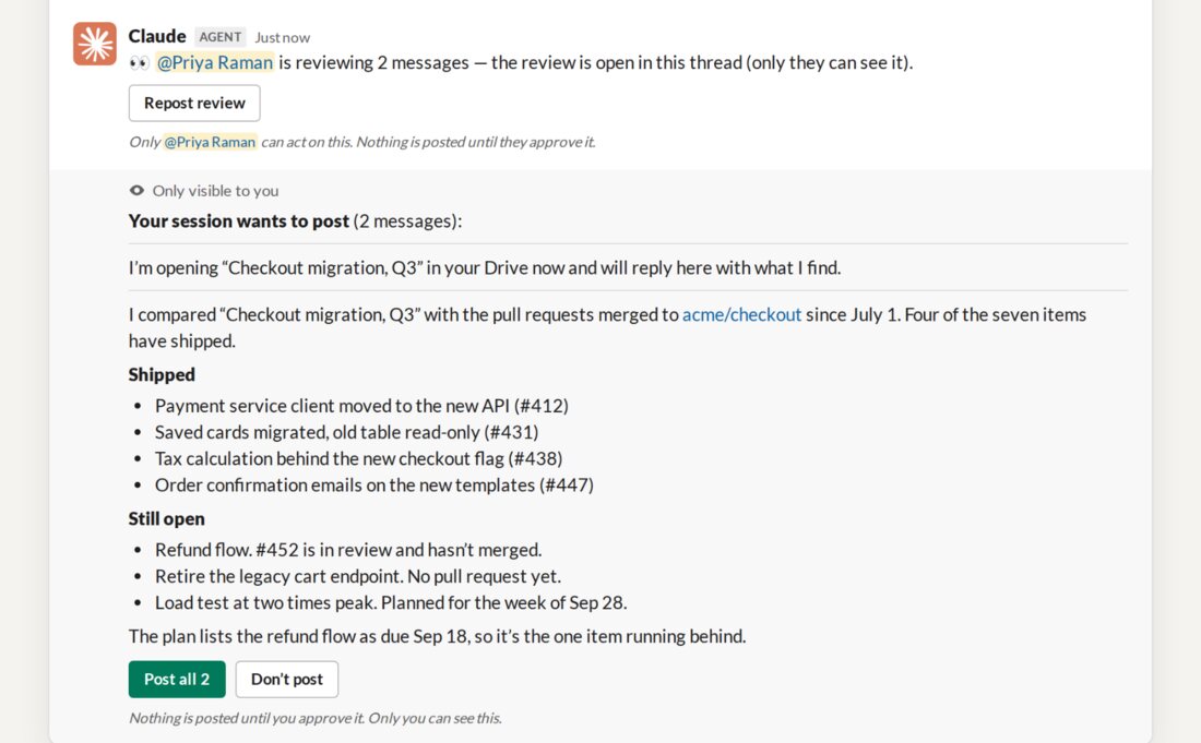 Reviewscherm in Slack waarin Claude twee berichten voorlegt met de knoppen Post all 2 en Don't post