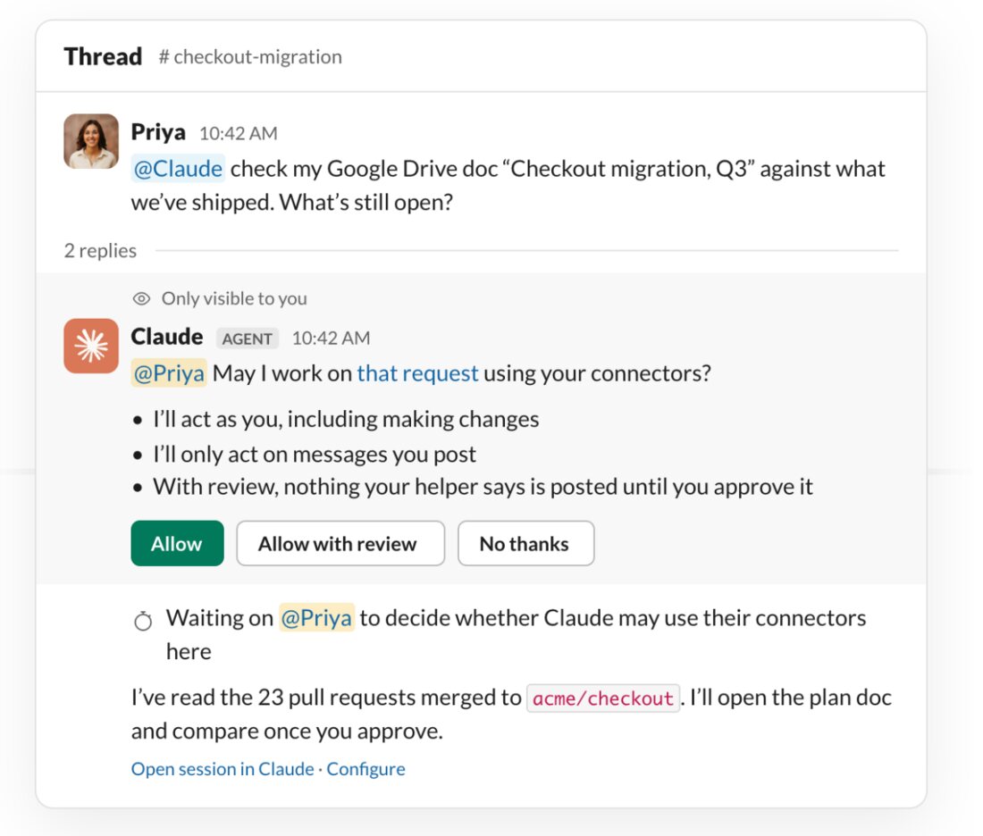 Slack-thread waarin Claude vraagt of hij de persoonlijke connectors van de gebruiker mag gebruiken, met de knoppen Allow, Allow with review en No thanks