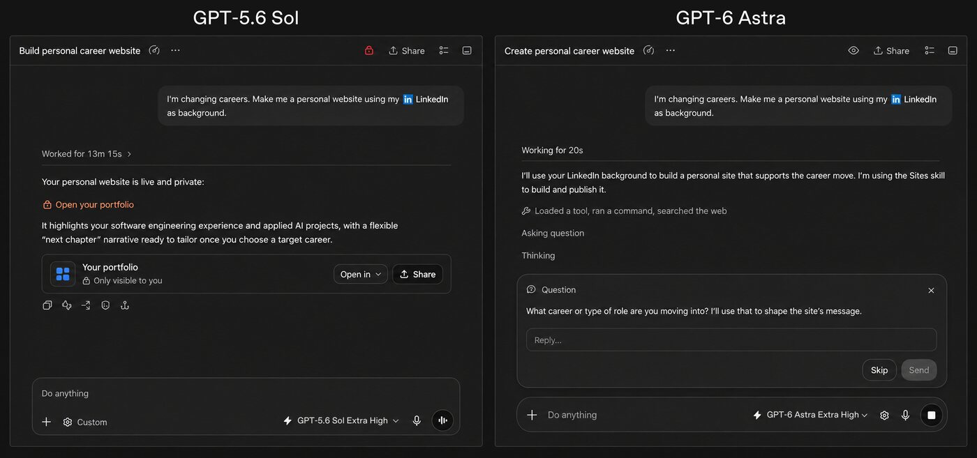 Vergelijking van GPT-5.6 Sol en GPT-6 Astra die dezelfde opdracht voor een persoonlijke carrièrewebsite uitvoeren