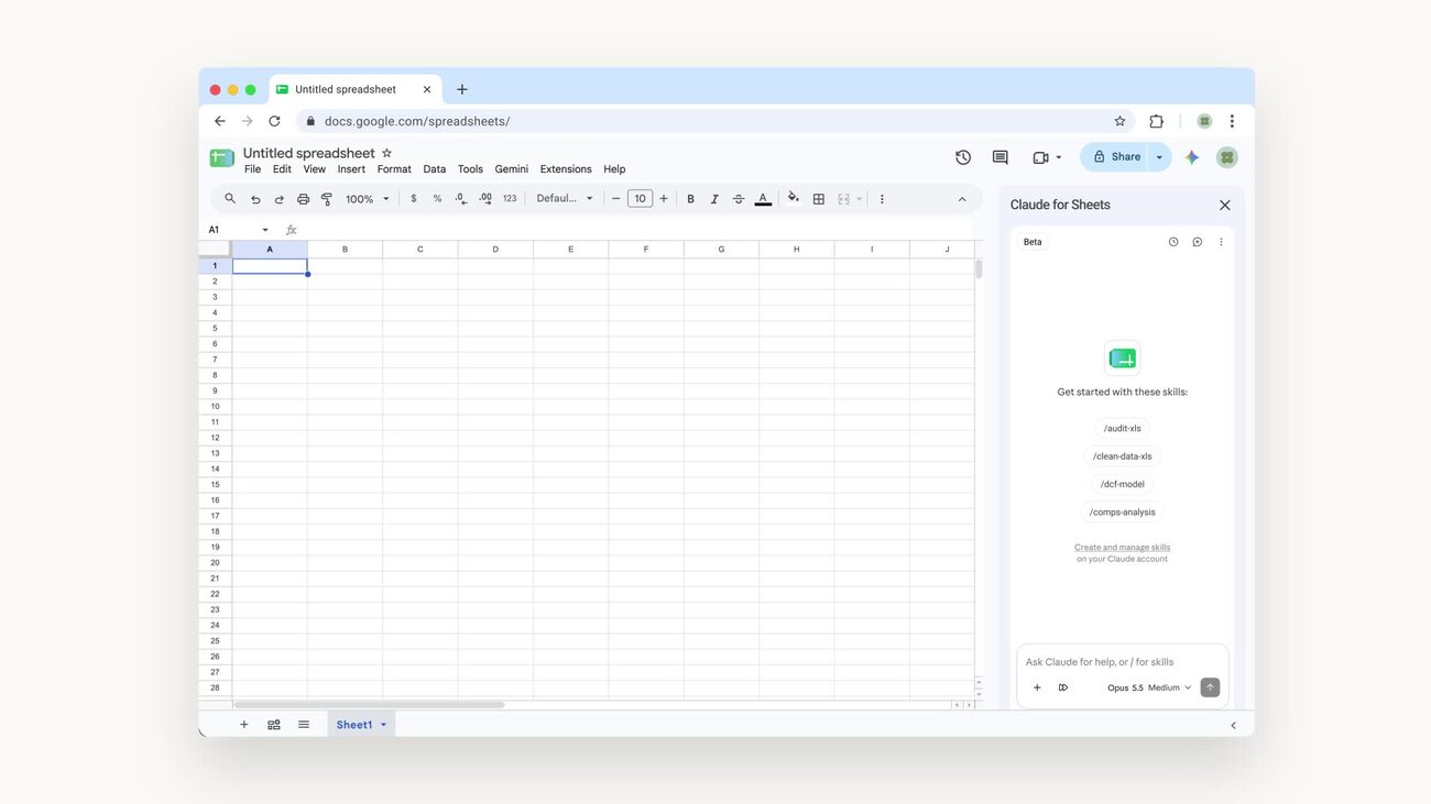 Claude-zijbalk in Google Sheets met de skills audit-xls, clean-data-xls, dcf-model en comps-analysis