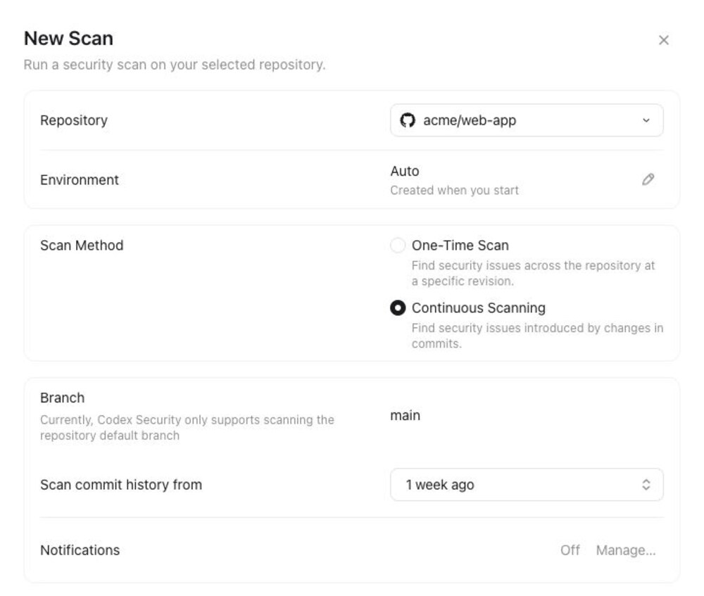 Het scherm New Scan van Codex Security Cloud met keuze tussen eenmalige scan en continu scannen, de branch main en een week commitgeschiedenis