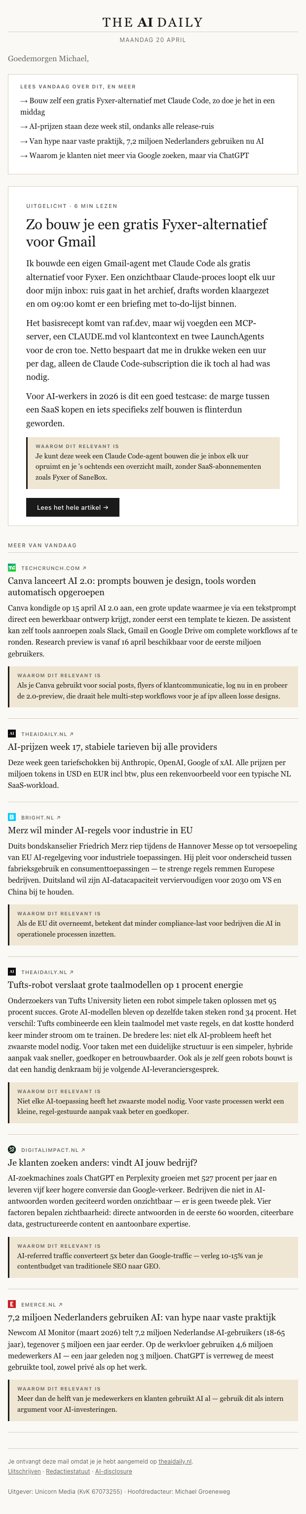 Voorbeeld van een TheAIDaily-editie